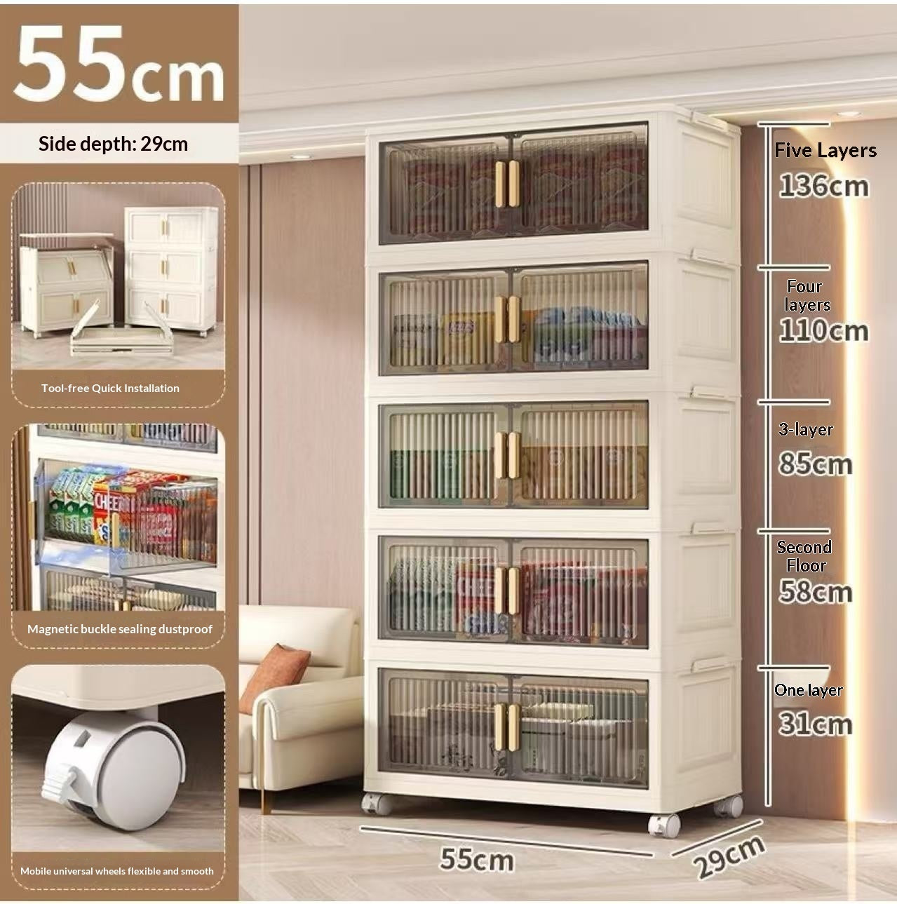Multi-Tier Mobile Storage Cabinet For Snacks And Kitchen Utensils At Home