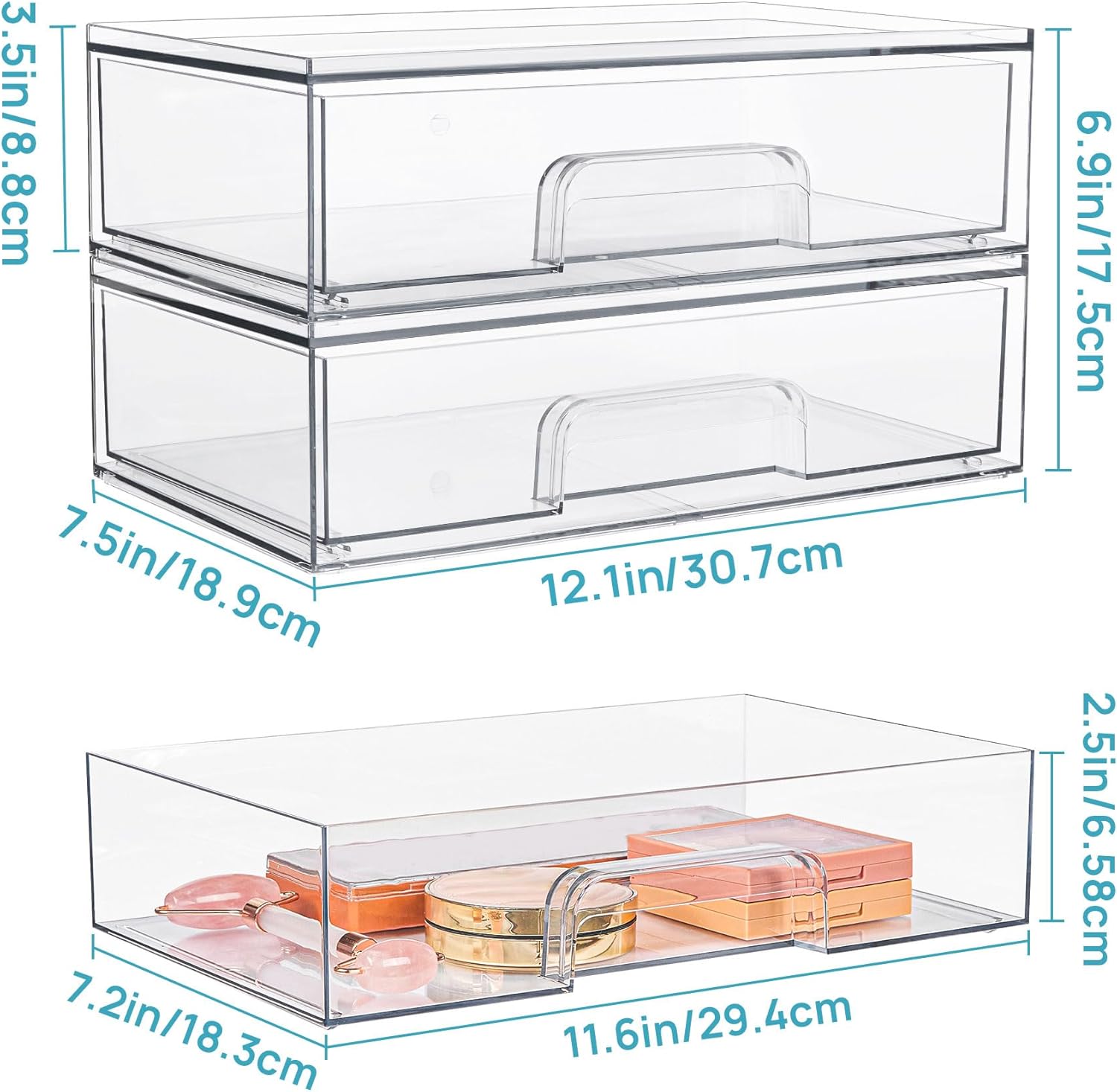 12.1in 30.7cm W Clear Stackable Storage Drawers,2 Pack Acrylic Plastic Organizers Bins For Makeup Palettes, Cosmetics, And Beauty Supplies,Ideal For Vanity, Bathroom,Cabinet,Desk Organization